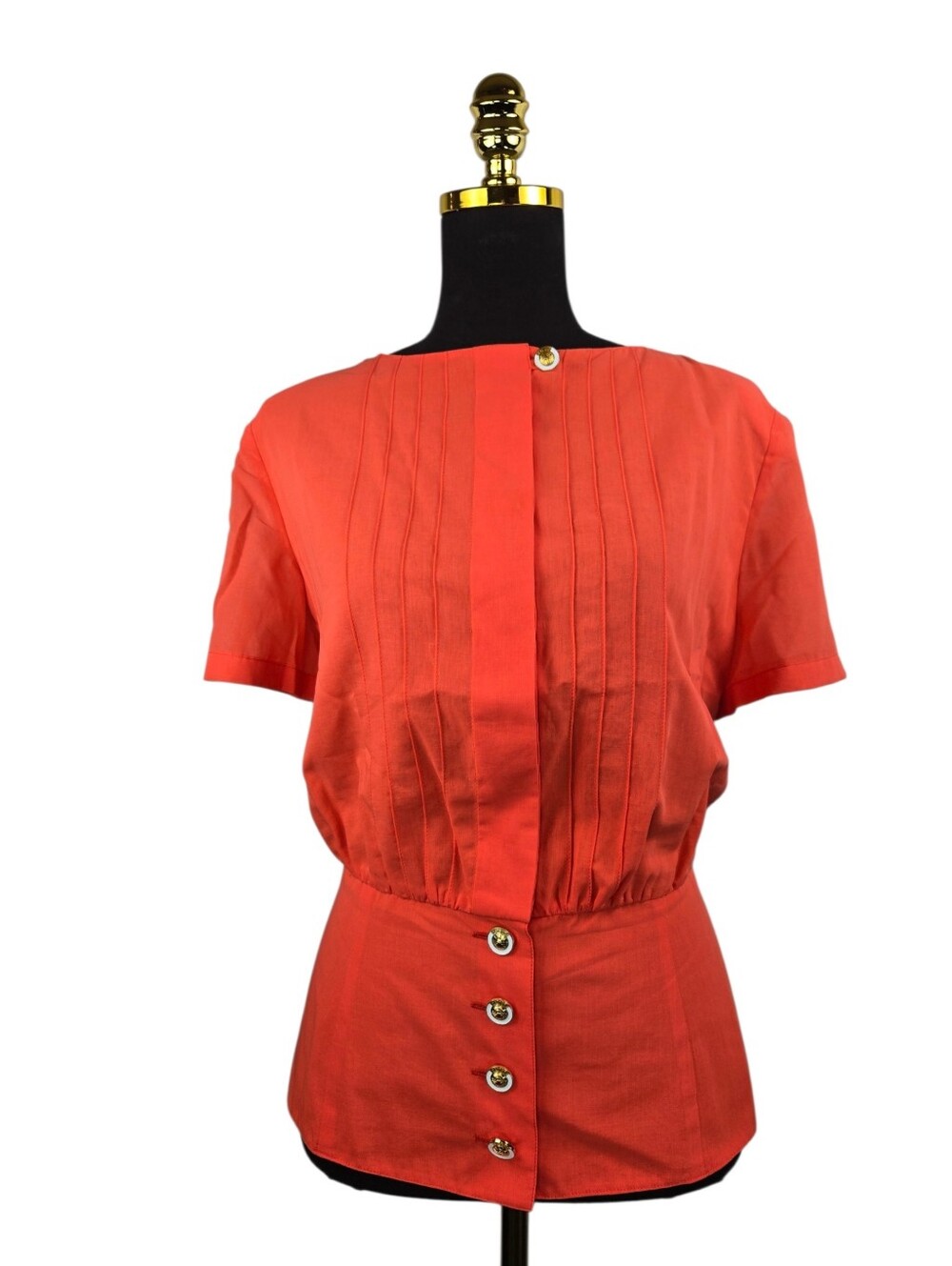Louis Feraud Coral Cotton Peplum Blouse Tie Back Gold Logo Buttons US 12 - Picture 11 of 12